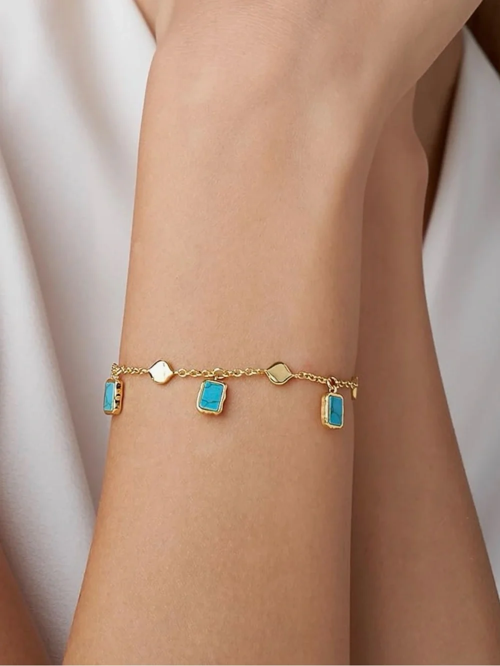 NEW 14K Gold Plated Chain Bracelet with Turquoise Stone Charms